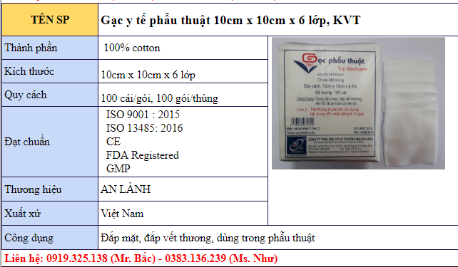 100 miếng Gạc miếng An Lành (10cm x 10cm x 8 lớp), Không vô trùng