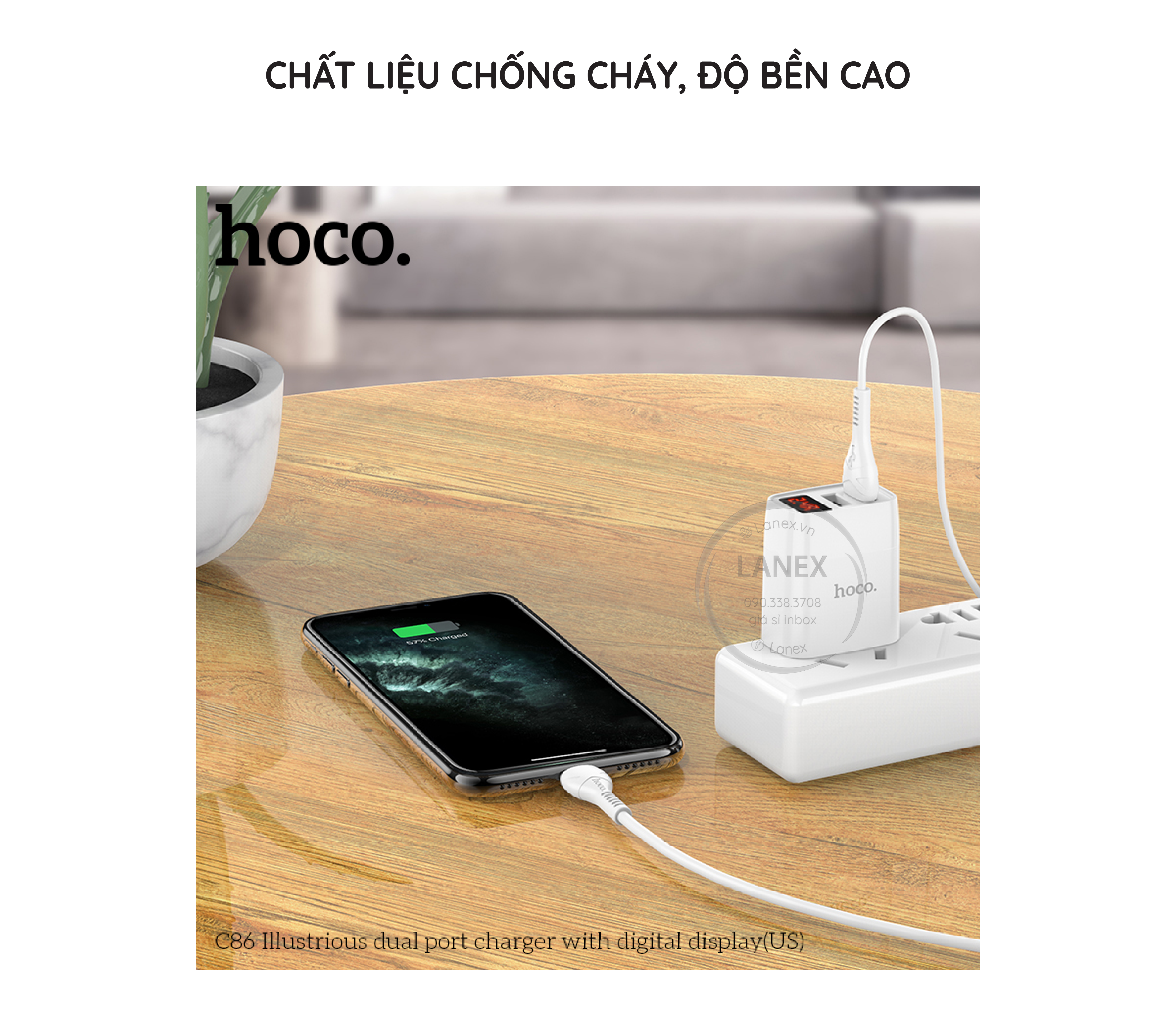 Cóc Sạc Nhanh Hoco C86 2 Cổng Usb 2.4a Màn Hình Led