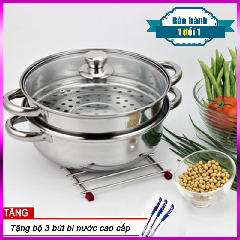 Nồi lẩu kiêm nồi hấp 2 tầng inox nắp thủy tinh cao cấp/Nồi lẩu kiêm nồi hấp 2 tầng inox-Nồi hấp 2 tầng 28cm+Tặng bộ 3 bút bi mực nước