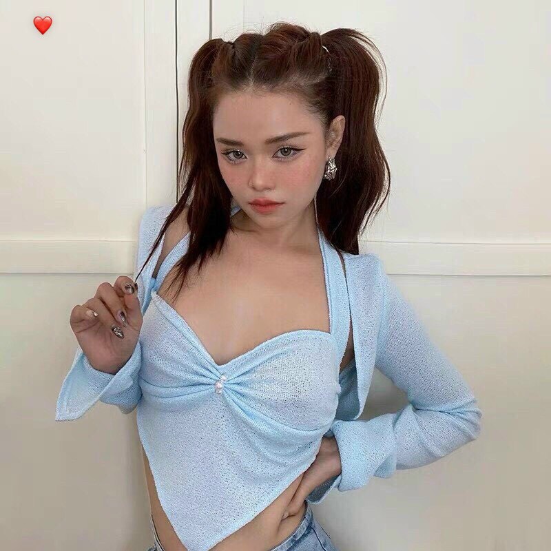 Set Áo Croptop Viền Bèo Đan Eo dài tay chất thun gân len co dãn siêu mát Mã: N19898