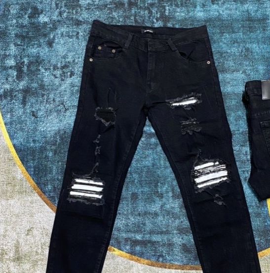 Quần jean Nam dài vá gối rách nhẹ quần chất bò co giãn màu đen trơn mẫu mã đẹp KAYSTORE