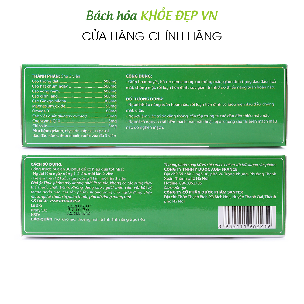 Hoạt huyết An Dưỡng Não Ginkgo Biloba 360mg giảm đau đầu hoa mắt chóng mặt rối loạn tiền đình - Hộp 60 viên