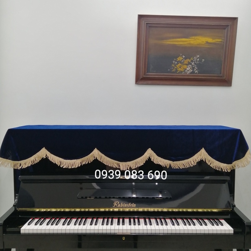KHĂN PHỦ ĐÀN PIANO CƠ XANH DƯƠNG, CHẤT LIỆU VẢI NHUNG DÀY, TUA RUA VÀNG SỢI LỚN