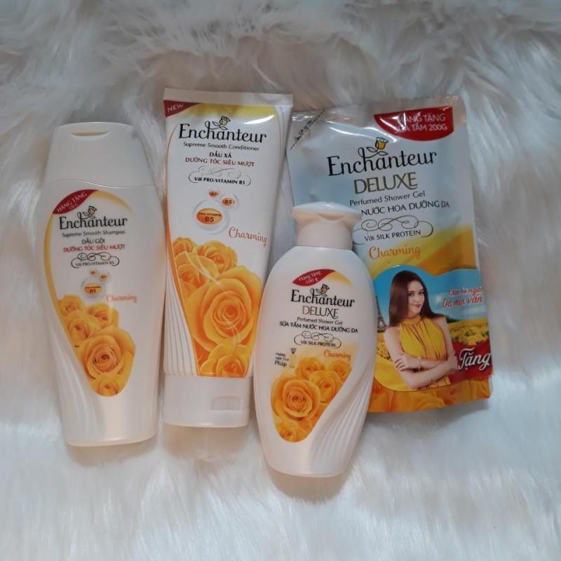 Bộ Enchenter gồm 4 món: Tắm bịch enchanteur 200g, Gội Enchanteur 150g, Xả Enchanteur 170g, Sữa tắm Enchanteur 100g