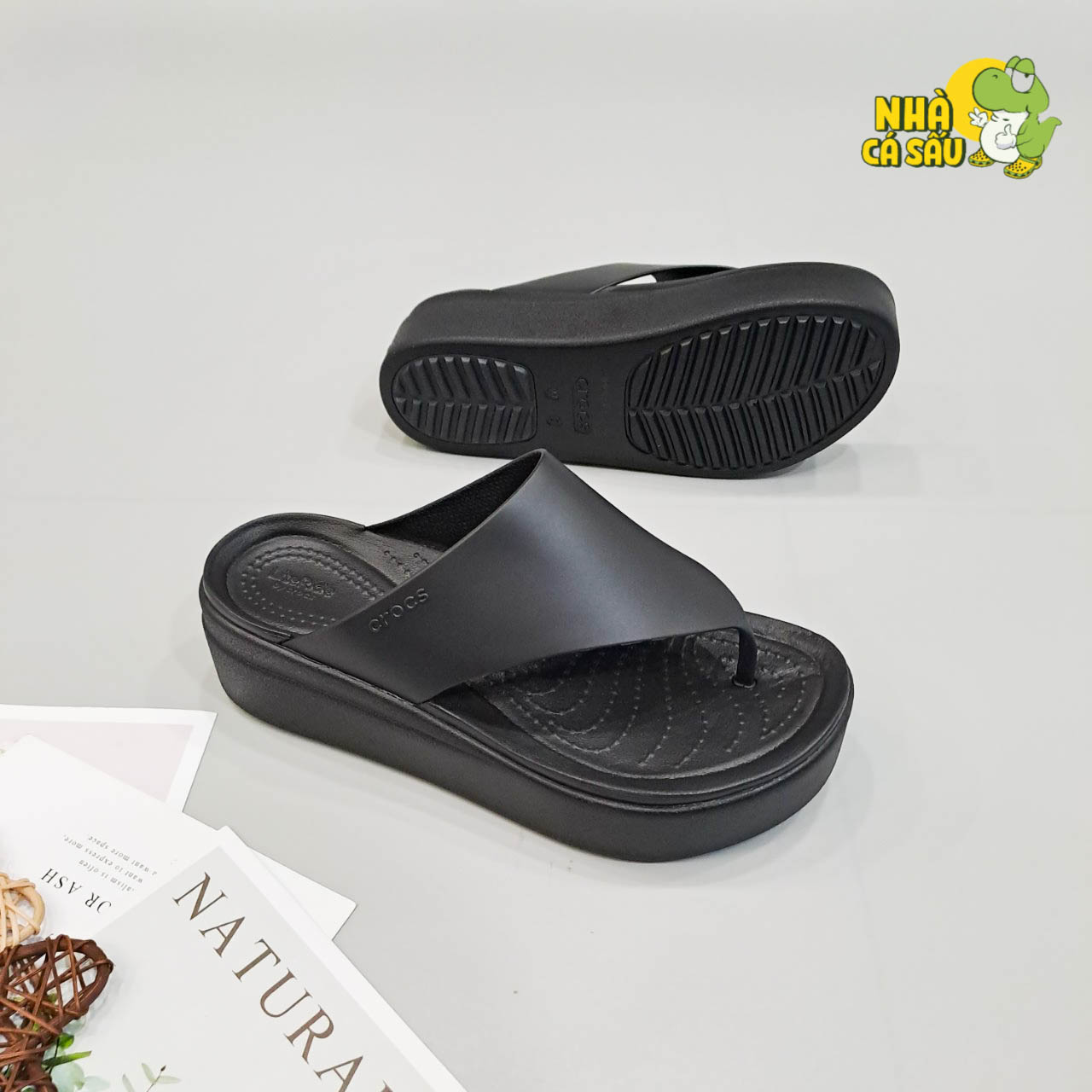 Dép xỏ ngón cross brooklyn nữ đế bánh mỳ cao 5 phân nhựa EVA cao cấp, dép kẹp cross nữ brooklyn cao 5cm màu kem chống trơn trượt tốt Nhà Cá Sấu