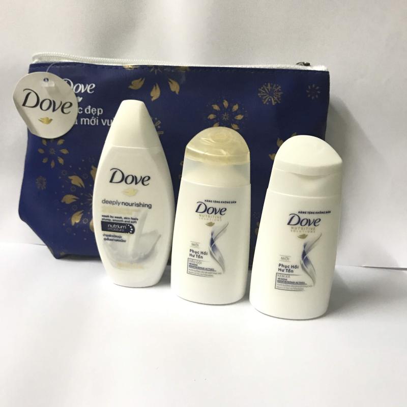 Bộ 3 sản phẩm : 1 chai dầu gội Dove 50g + 1 chai kem xả Dove 50g + 1 chai sữa tắm Dove 45ml (Tặng kèm 1 túi đựng mỹ phẩm xinh xắn nhé) nhập khẩu