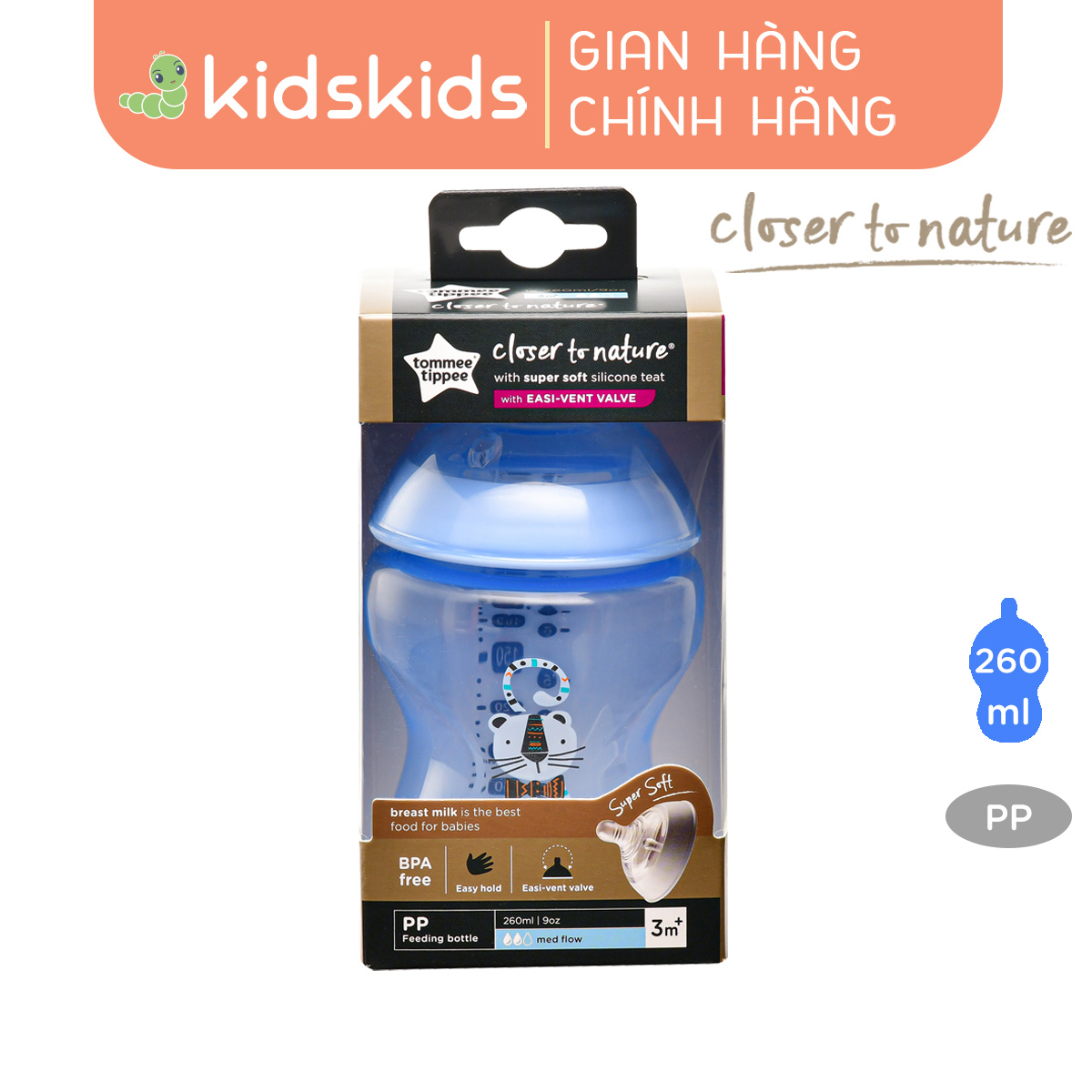 Bình sữa ty siêu mềm tự nhiên Tommee Tippee Closer to Nature 260ml, núm ty đi kèm 3-6 tháng – Xanh dương
