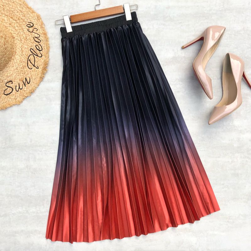 Chân Váy Midi Lưng Cao Bằng Lụa Satin Màu Gradient Thời Trang Cho Nữ