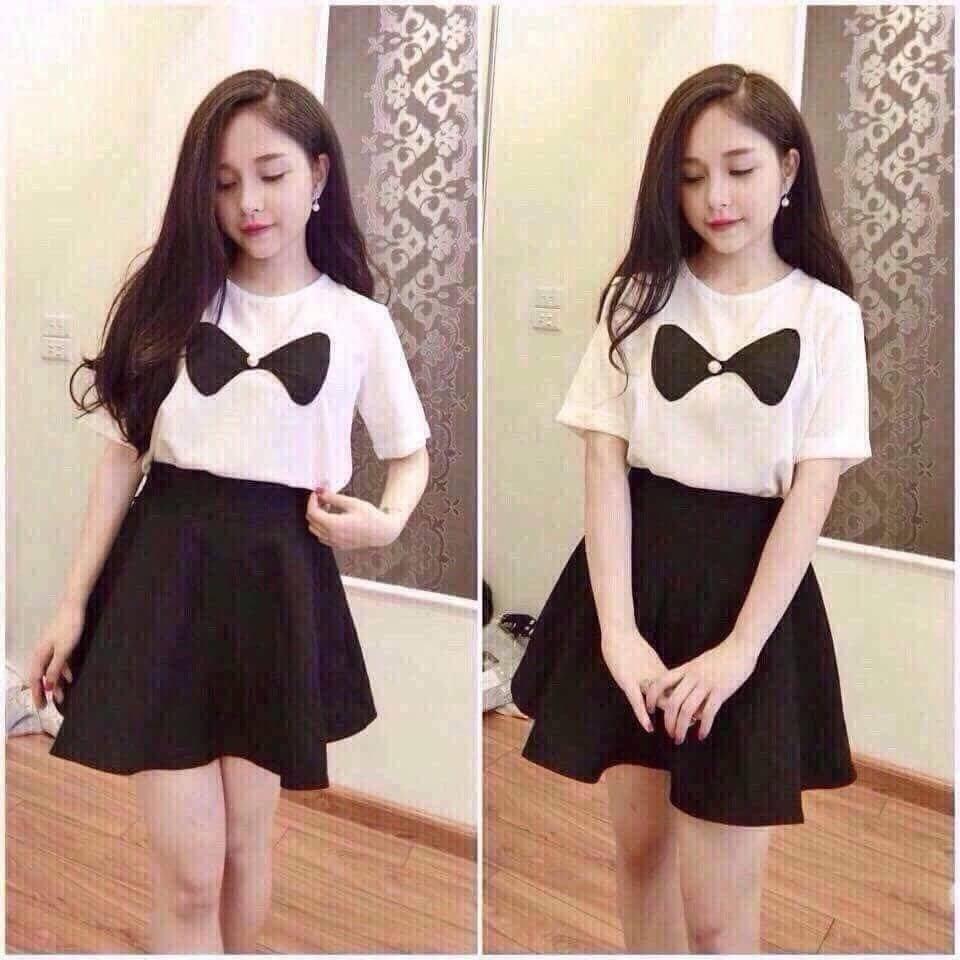 [HCM]Set Chân Váy Kèm Áo Nơ Ulzzang Hàn Quốc