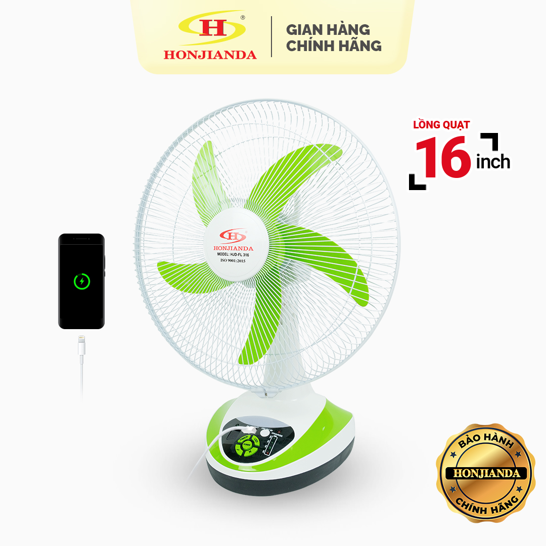 Quạt sạc tích điện 16 inch Honjianda FL316/416  - có đèn LED & USB