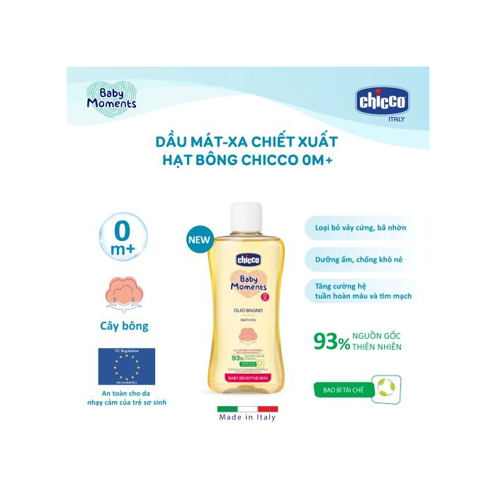 Dầu mát-xa chiết xuất Hạt bông Chicco 0M+ 200ml