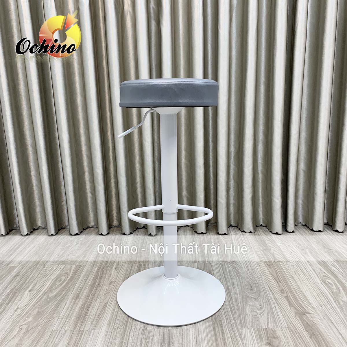Ghế makeup đĩa tròn xoay 360 độ mẫu tròn trơn chân trắng tùy chỉnh độ cao từ 60-80cm
