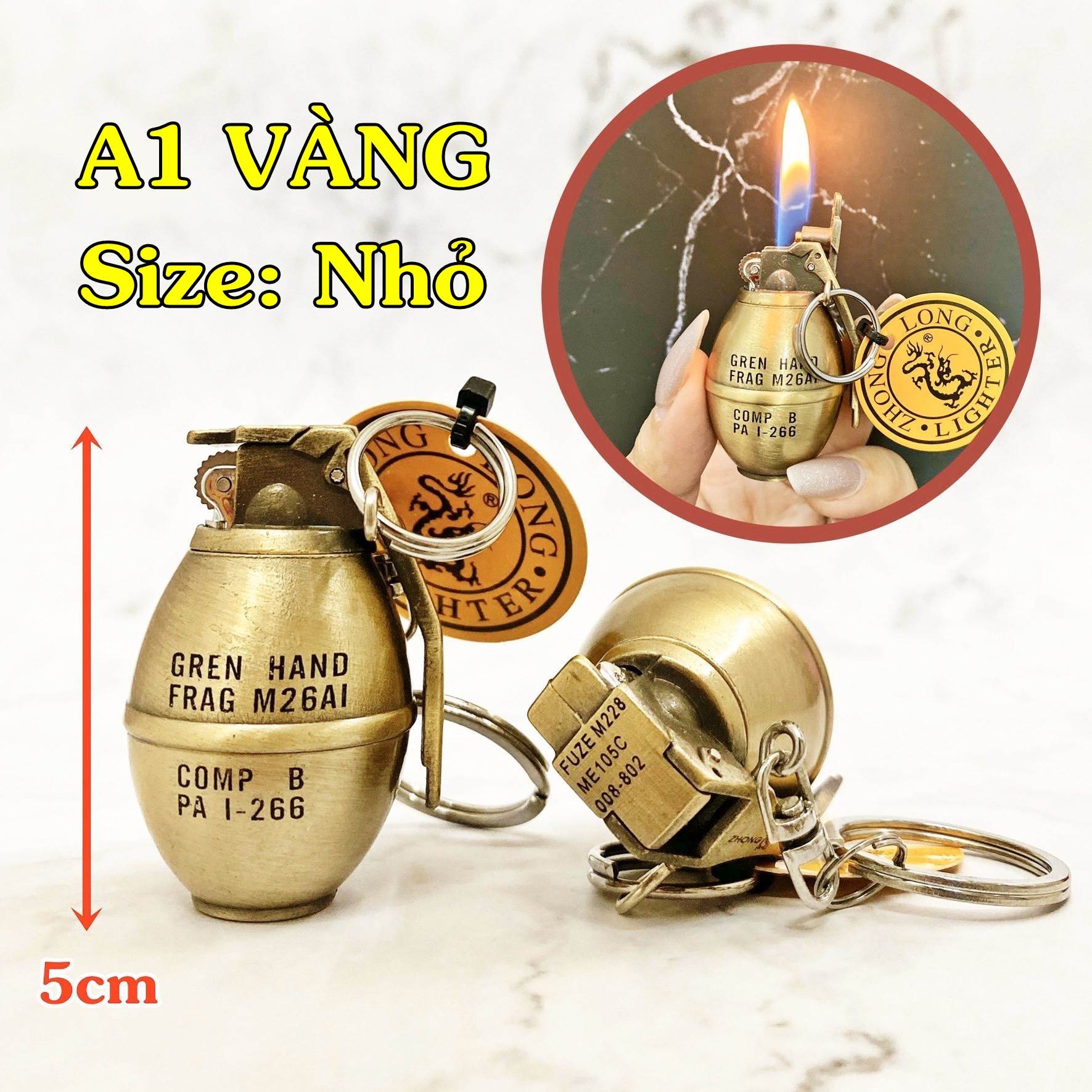Bật lửa móc khóa hình trái lựu đạn a1 vàng -