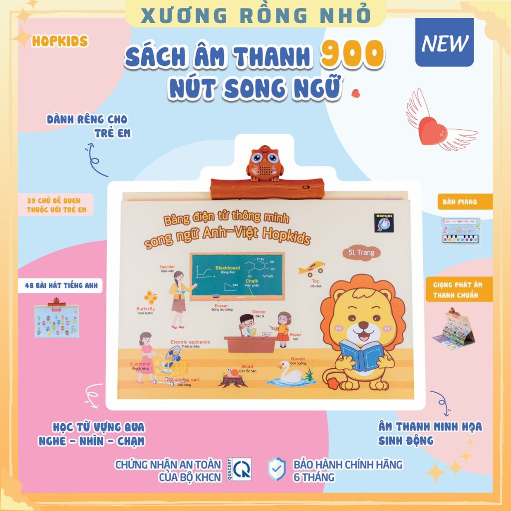Từ điển âm thanh song ngữ Anh-Việt Hopkids 900 nút, 51 trang cho bé, bảng điện tử thông minh kèm cáp sạc và bút xoá