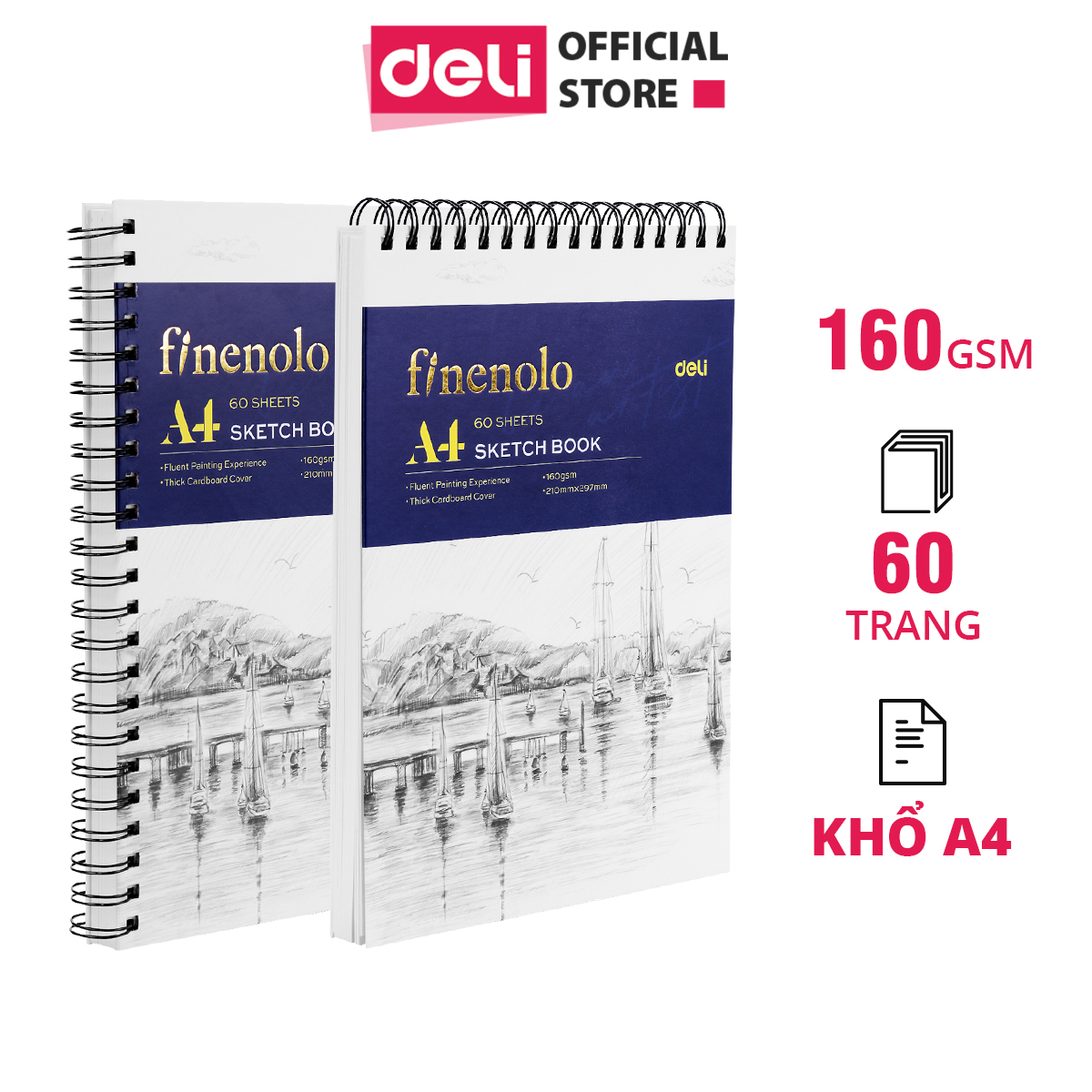 Sổ Tay Vẽ Phác Thảo Chuyên Nghiệp 160gsm 120 trang Deli - Sketchbook Giấy Trơn Gáy Xoắn Ngang Và Dọc - EC275/EC276