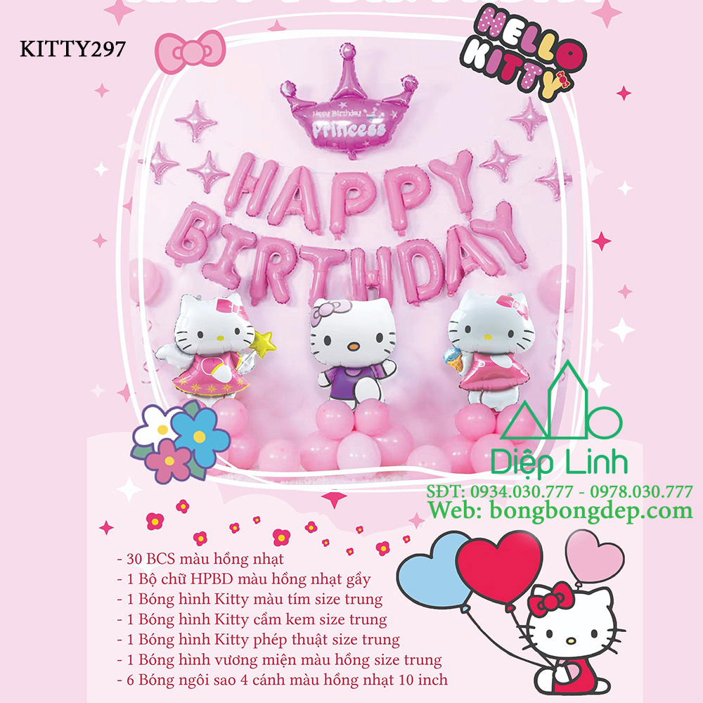 Set bóng trang trí sinh nhật chủ đề hello kitty - set trang trí sinh nhật bé gái dễ thương