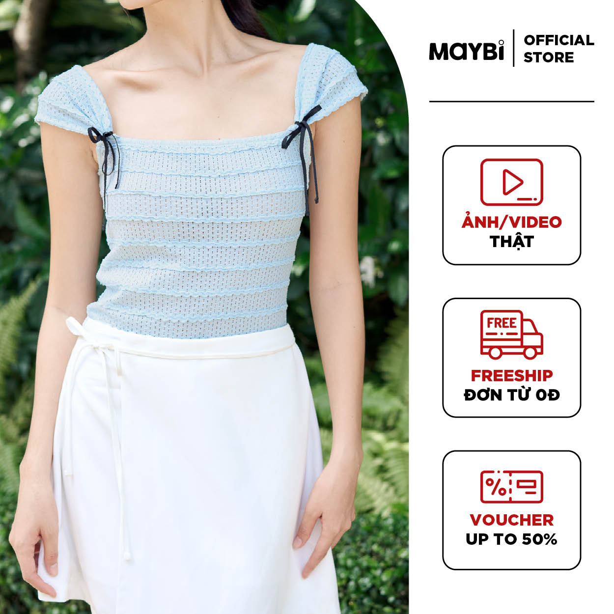 Áo ôm ren thun phối nơ ruy băng Maybi