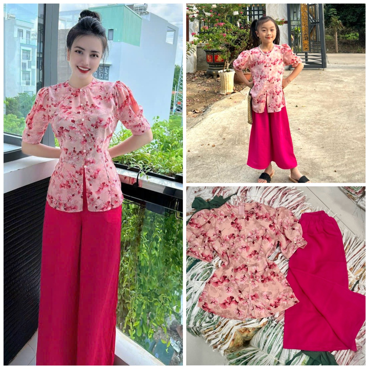 3D Silk Fabric Set with Hand-Made Flowers for Mother and Girls