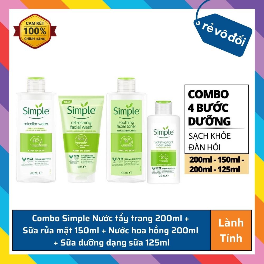 Bộ Sản Phẩm Simple Nước Tẩy Trang 200ml + Sữa Rửa Mặt 150ml + Nước hoa hồng 200ml + Sữa Dưỡng Da 125ml