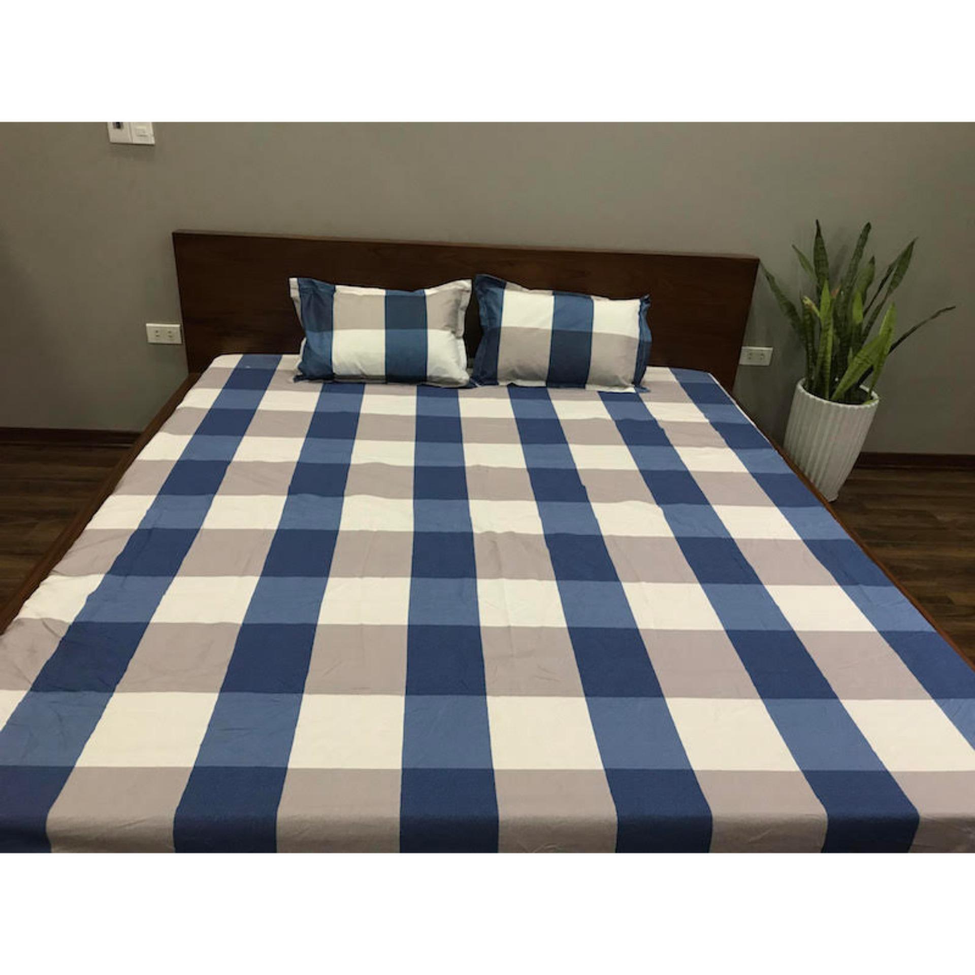 Bộ ga gối cotton Việt caro xanh.