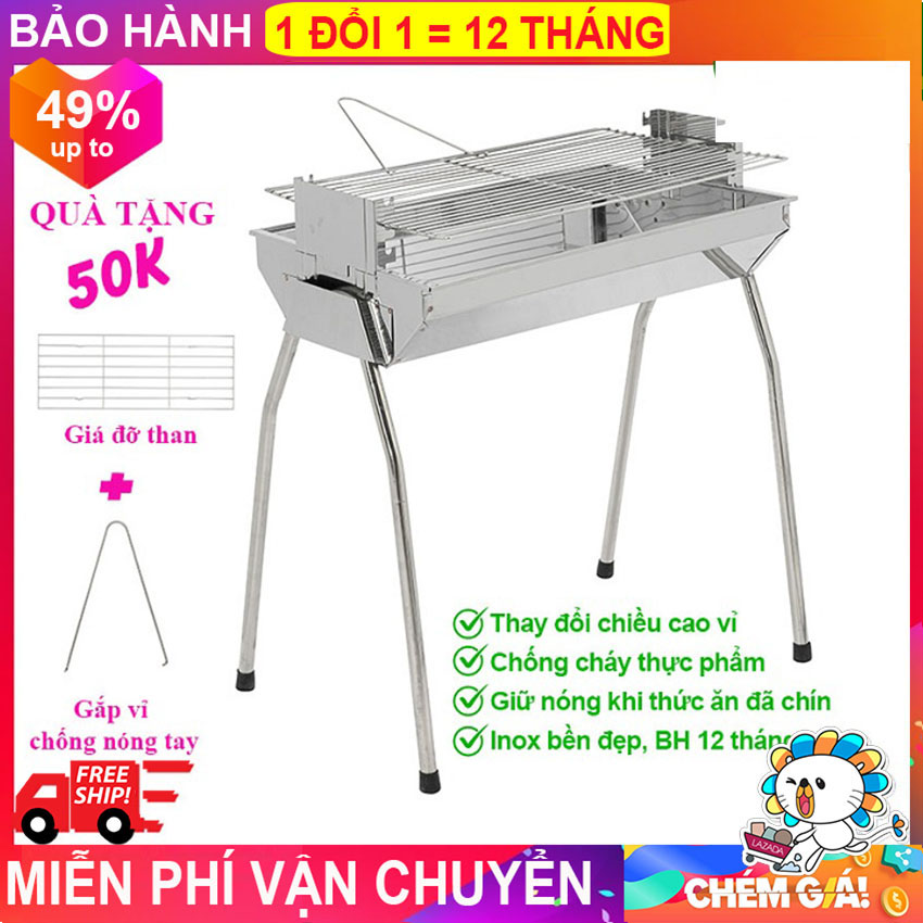 Bếp nướng than hoa VCM thay đổi chiều cao vỉ, Inox không gỉ sét, chống cháy thực phẩm, an toàn sức khỏe, không cần quạt, bếp nướng không khói, bếp nướng ngoài trời, bếp nướng than hoa vuông