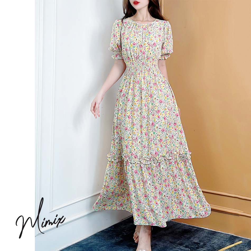 Đầm maxi hoa eo bo chun tay lửng MIMIX BJ6185