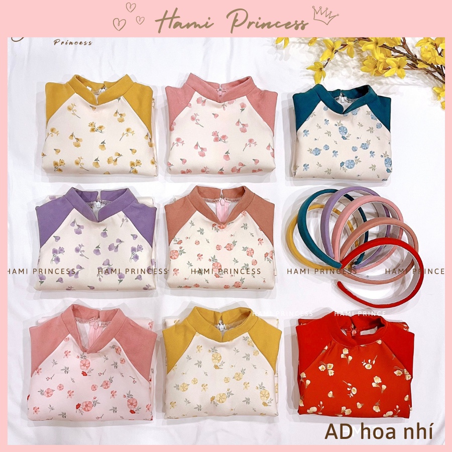 Áo Dài Tết Hoa Nhí Cho Bé Gái HAMI PRINCESS Kèm Quần Và Bờm Tóc