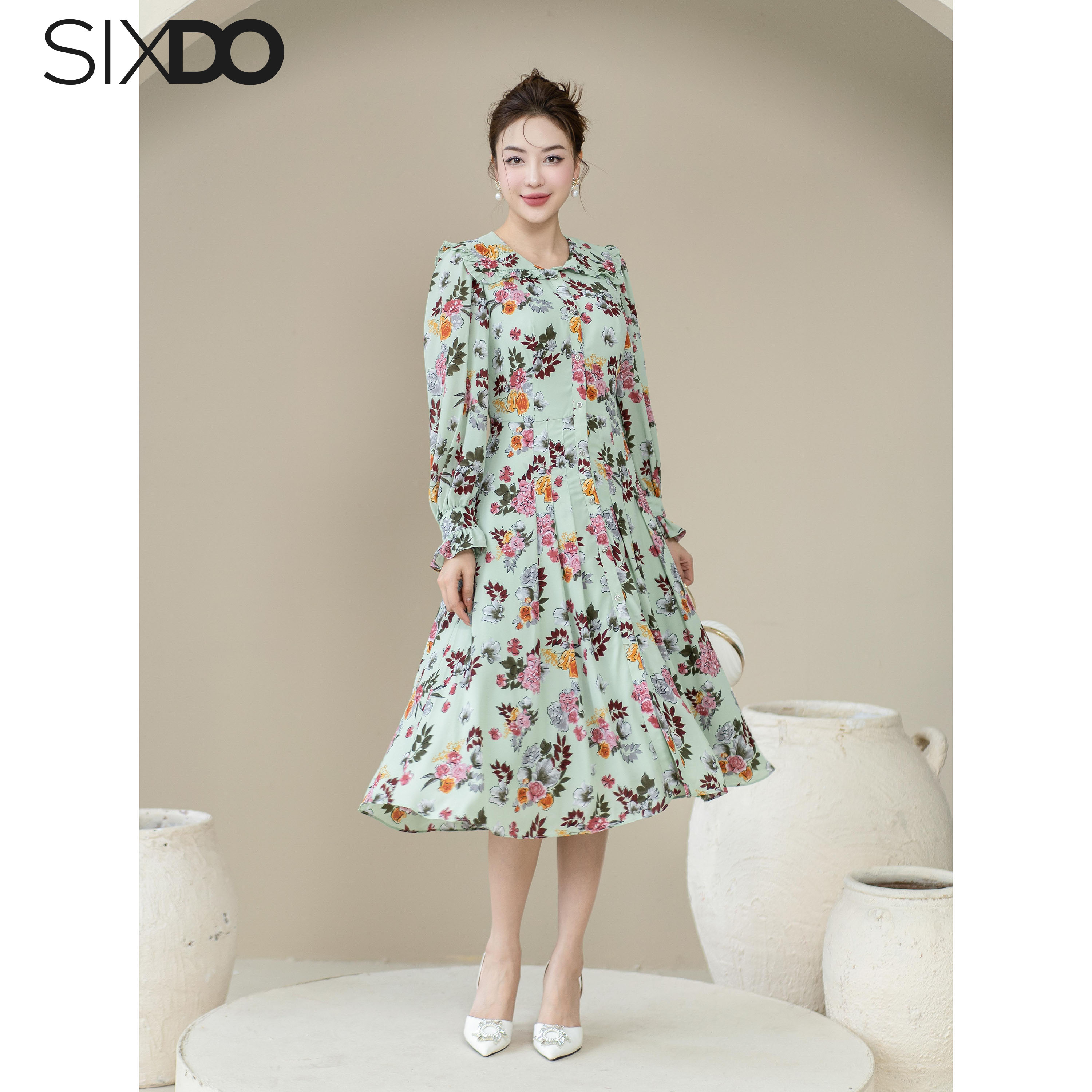 Đầm chiffon họa tiết hoa xếp ly SIXDO (Floral Midi Chiffon Dress)