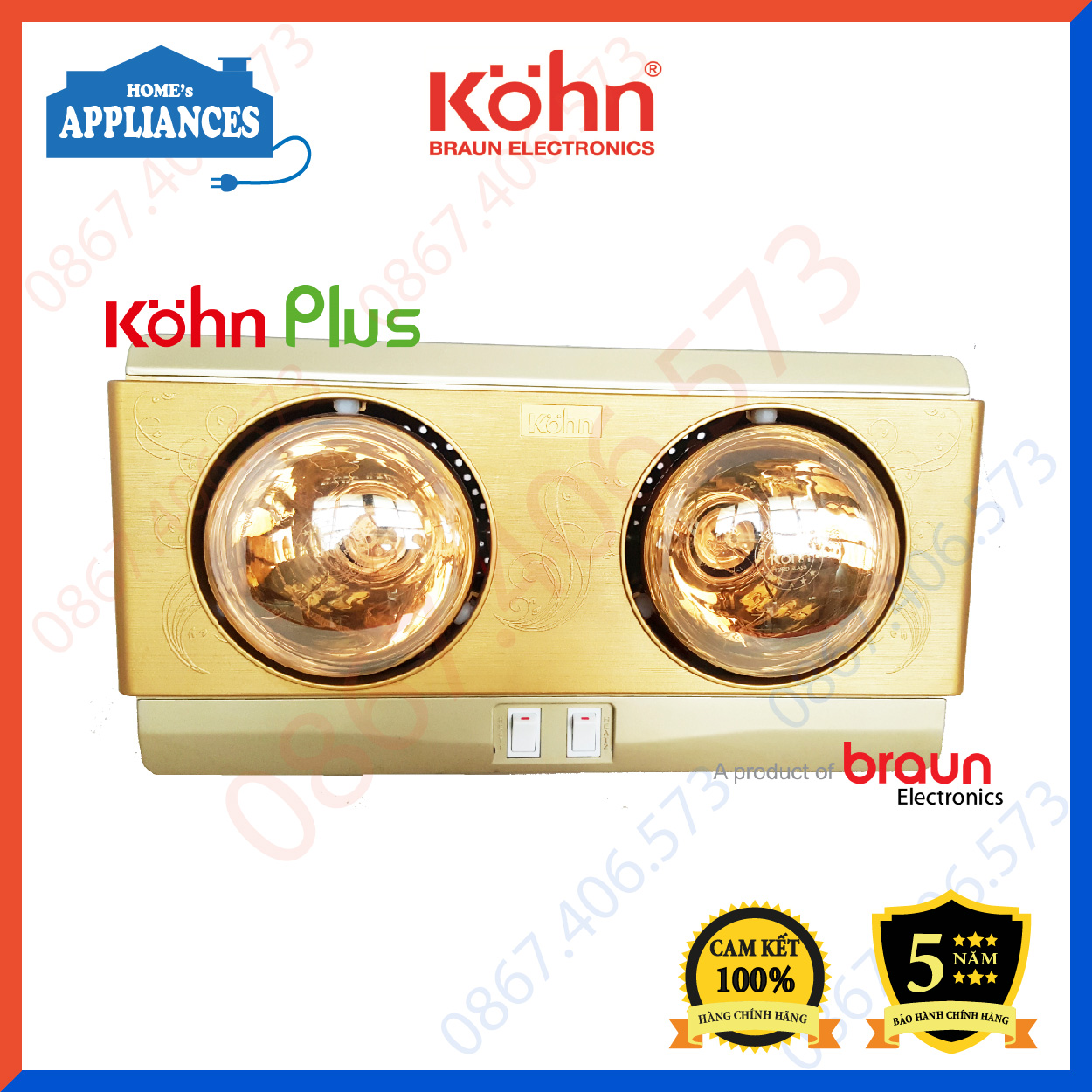 Đèn sưởi nhà tắm 2 bóng kohn plus kp02g ❤️hàng chính hãng bh 5 năm❤️