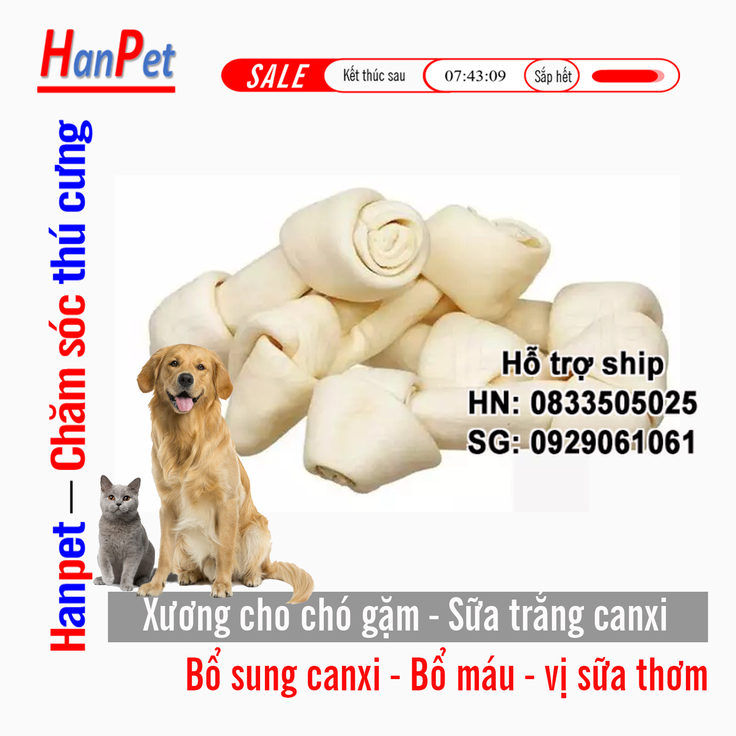 Hanpet - Bộ 6 Xương xoắn sữa trắng cho chó gặm - dài 5cm ( 368) Vị sữa bổ sung canxi cho chó