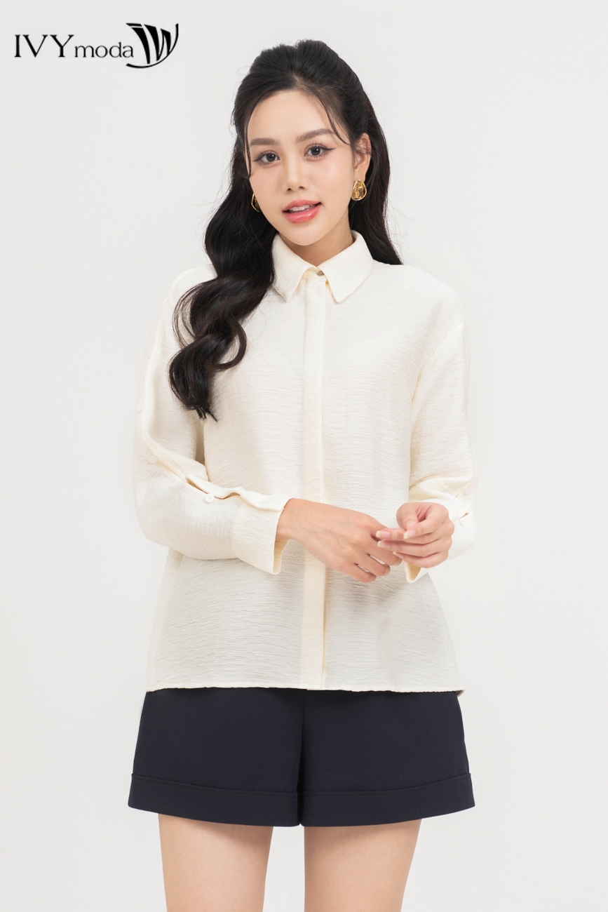 Áo sơ mi lụa nẹp dấu khuy ivy moda ms 17b9612