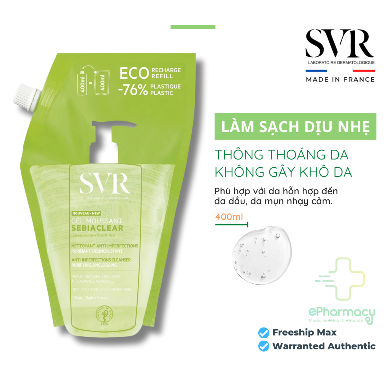 Gel rửa mặt SVR Sebiaclear Gel Mousant không chứa xà phòng, làm sạch & loại bỏ tế bào da chết