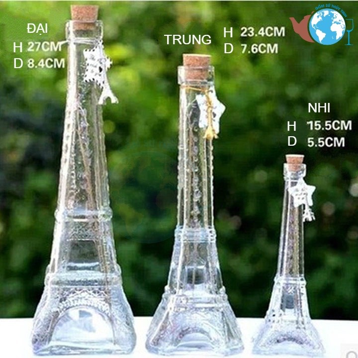 Combo 3 bình thuỷ tinh tháp eiffel 3 size đại trung nhí nút gỗ