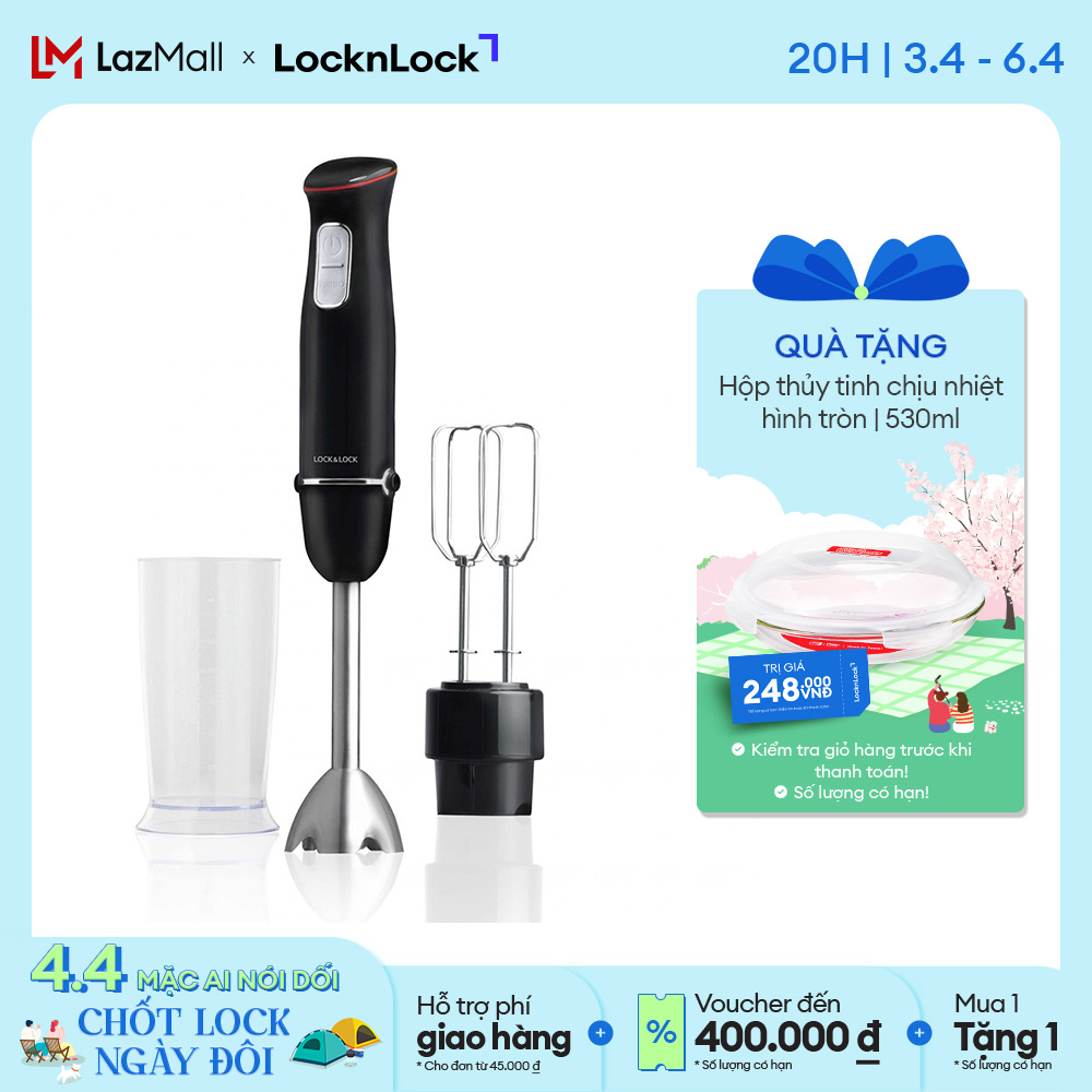 Máy xay cầm tay đa năng Lock&Lock Multi-purpose 2in1 Hand Blender màu đen EJM516BLK máy đánh trứng, xay sinh tố