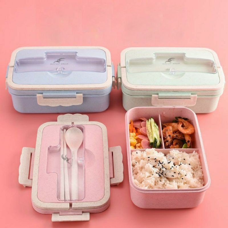 [HCM]Hộp Cơm Nhựa Lúa Mạch 3 Ngăn Tiện Lợi - Hộp Cơm Trưa Văn Phòng Picnic Dễ Dàng Sử Dụng (Kèm Đũa & Muỗng)