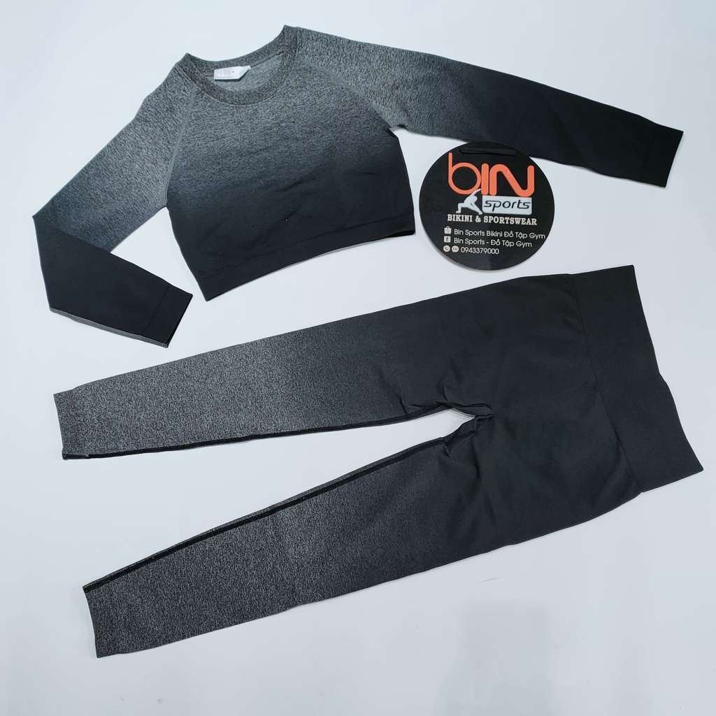 Đồ tập gym yoga nữ set bộ dệt kim loang màu áo crop dài tay quần dài cao cấp hàng nhập Bin Sports BD124 v2