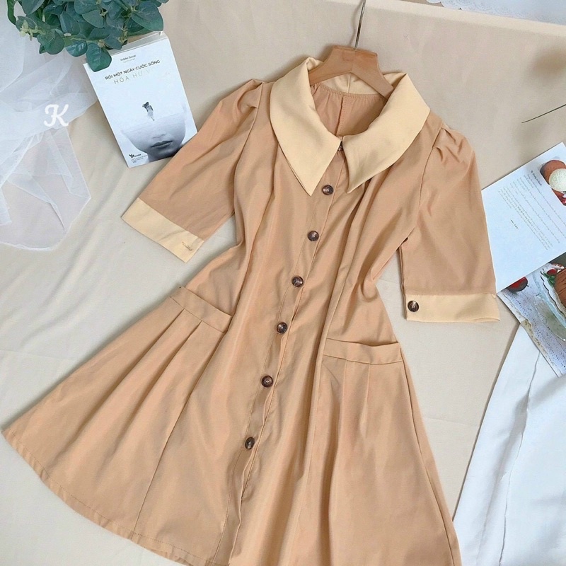 ĐẦM SƠ MI XOÈ PHỐI CỔ ĐÍNH NÚT CR2