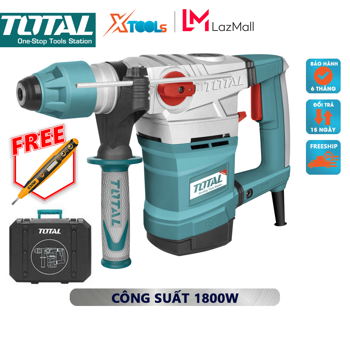 Machine drill chisel concrete Total TH118366 | hammer drill machine rotating power 1800W speed no-load 850 rpm speed beating 4200 BPM screwdriver, đục Wall, concrete drill [genuine] [XTools]