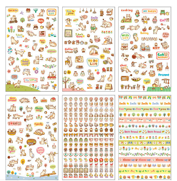 Set 6 Tờ Sticker Mèo Cute Trang Trí Sổ, Handmade