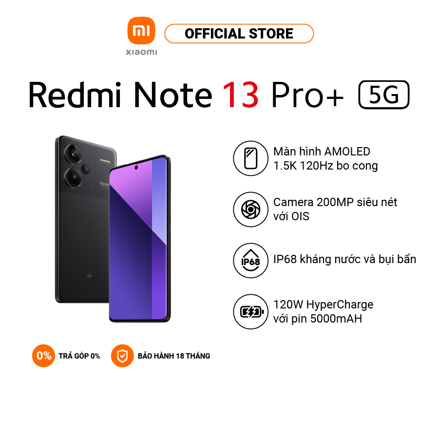 Điện thoại thông minh Redmi Note 13 Pro+ 5G (8+256GB) | Màn hình AMOLED 1.5K 6.67” | MTK D7200-Ultra | Camera 200MP OIS
