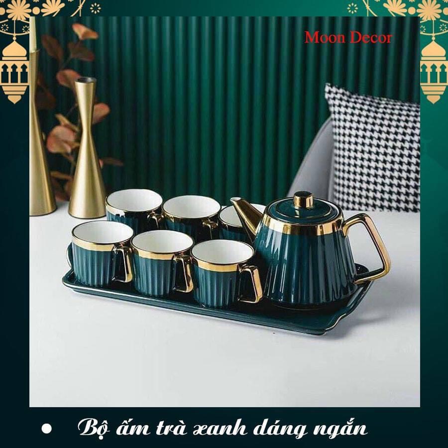 Bộ ấm chén kèm khay sứ màu xanh ngọc viền vàng