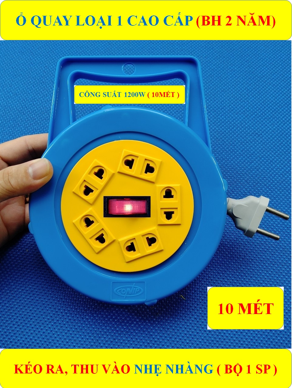 10 Mét Ổ cắm điện, tròn xoay 1200W cao cấp (BH 2 NĂM) + 1 công tắc + 5 ổ cắm + 1 Đèn LED báo ( bộ 1 sản phẩm )