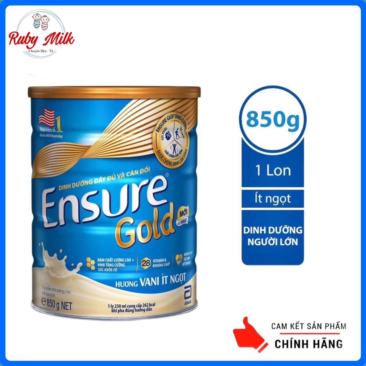 Sữa Bột Ensure Gold Vani Ít Ngọt Lon 800g