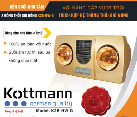 (Hỗ trợ lắp đặt) Đèn sưởi nhà tắm Kottmann K2B-HW-G, Kèm quạt sưởi, Phòng từ 4-8m2