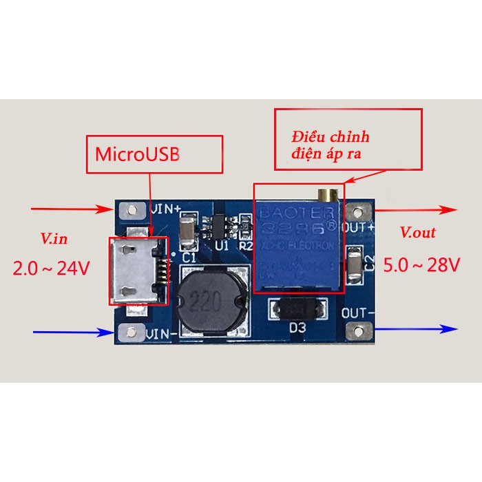 Mạch Tăng Áp 5V -26V 2A Mini có Cổng Micro USB ( XY-016 | MT3608 )-2A