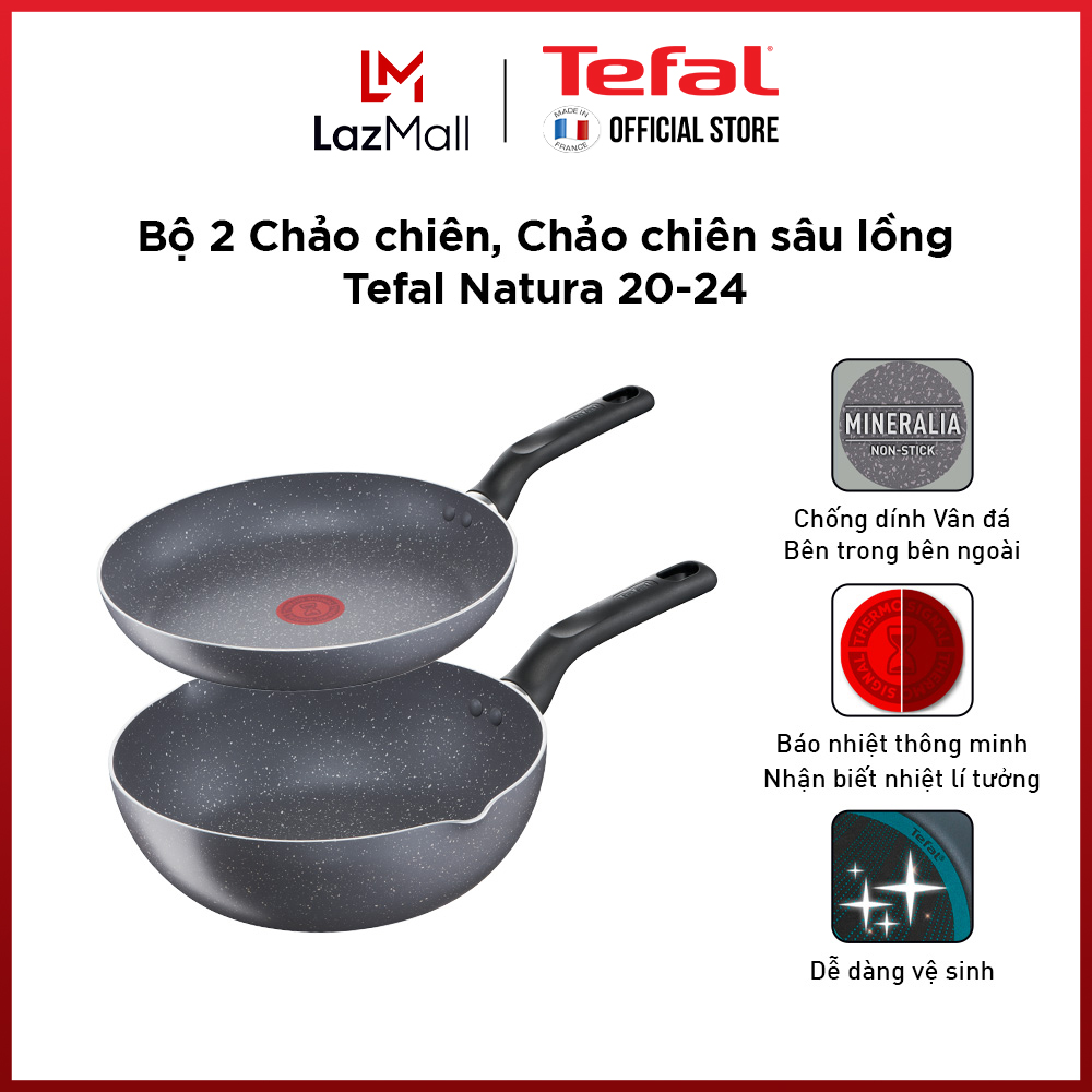 Bộ 2 chảo vân đá chống dính Tefal Natura dùng cho bếp ga và hồng ngoại (20cm, 24cm) - Gian hàng chính hãng bảo hành 2 năm-BO2NAT4