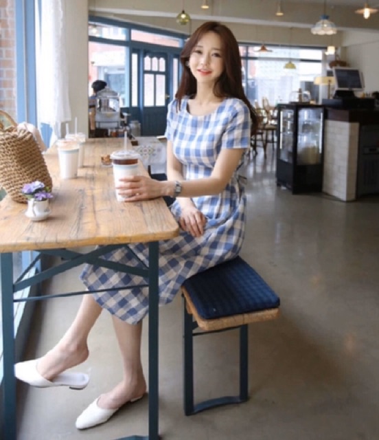 Đầm caro xanh form dài