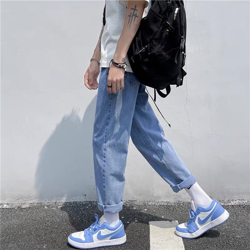 Quần Baggy Nam Jeans Xanh Rách Gối Phom Suông Ống Rộng Dáng Đứng Trẻ Trung Chất Vải Mịn Đẹp