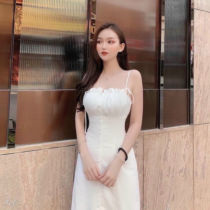 Đầm 2 dây nút bọc 2 màu