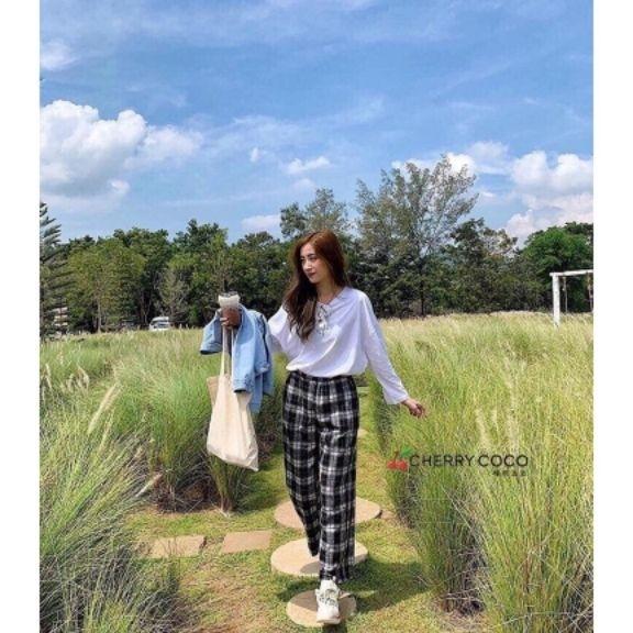 QUẦN CULLOTES CARO ĐEN DÁNG BAGGY CẠP CHUN UNISEX